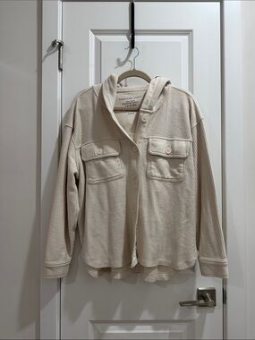 American Eagle Cream Ribbed Button Hoodie Shacket